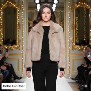 NWOT bebe Women Sz Large Rabbit Fur Coat Cropped Jacket Light Brown Preppy Fairy